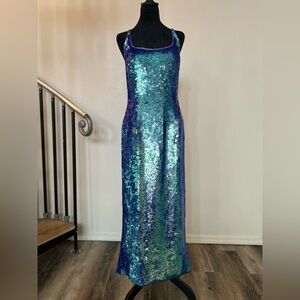 Vintage sequin iridescent side slit silk evening gown / prom dress